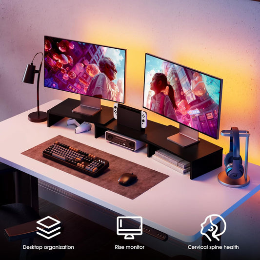 Dual Monitor Stand – 3 Shelf Computer Monitor Riser, Wood Desktop Stand with Adjustable Length and Angle, Desk Accessories, Office Supplies Medium Black,Dt108001Wb