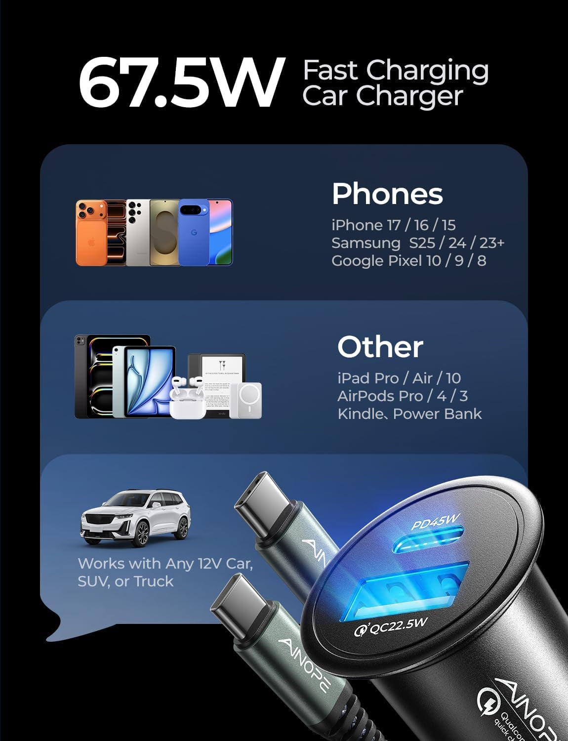 67.5W Car Charger USB C Fast Charge for Iphone 17 Pro Max, PD 45W USB C Car Charger Fast Charging【Mini &Metal】Cigarette Lighter Adapter USB-C Charger for Samsung Galaxy S26 S25 for Iphone16 15