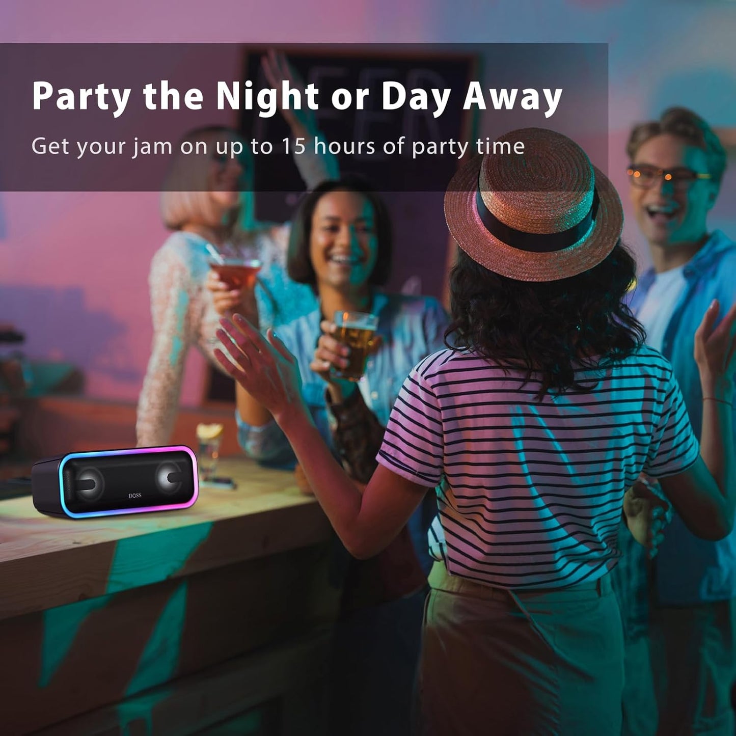 Soundbox Pro+ Bluetooth Speaker, Immersive 24W Stereo Sound with Booming Bass, IPX6 Waterproof, 15H Playtime, Mixed Colors Lights, Wireless for Backyard, Hiking, Garage, Party-Black