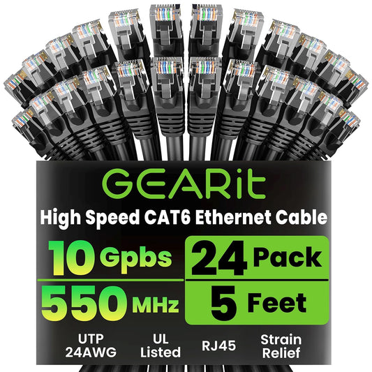 Cat 6 Ethernet Cable Pack - 24-Pack 5 Ft Cat6 Ethernet Patch Cables | RJ45 Network Patch Cable, 10 Gbps Snagless Gold-Plated Connectors - Ethernet Cable Cat 6 for PC, TV, Router - Black