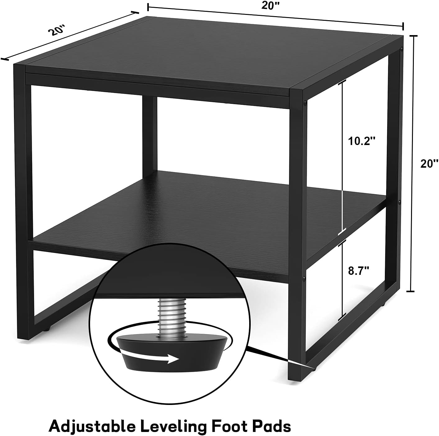 End Table, 20 Inch Square End Table, Mini Fridge Stand with 2-Tier Storage Shelves, Industrial Wood Side Table Small Table Stand for Living Room, Bedroom, Office, Black
