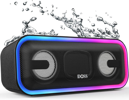Soundbox Pro+ Bluetooth Speaker, Immersive 24W Stereo Sound with Booming Bass, IPX6 Waterproof, 15H Playtime, Mixed Colors Lights, Wireless for Backyard, Hiking, Garage, Party-Black