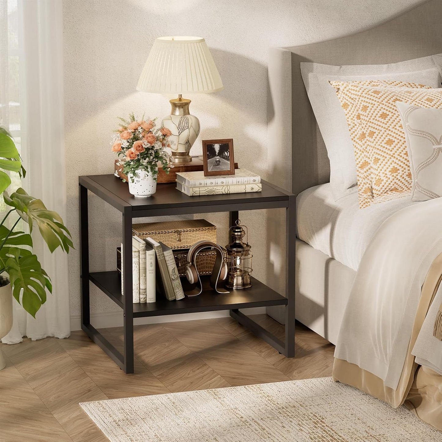 End Table, 20 Inch Square End Table, Mini Fridge Stand with 2-Tier Storage Shelves, Industrial Wood Side Table Small Table Stand for Living Room, Bedroom, Office, Black