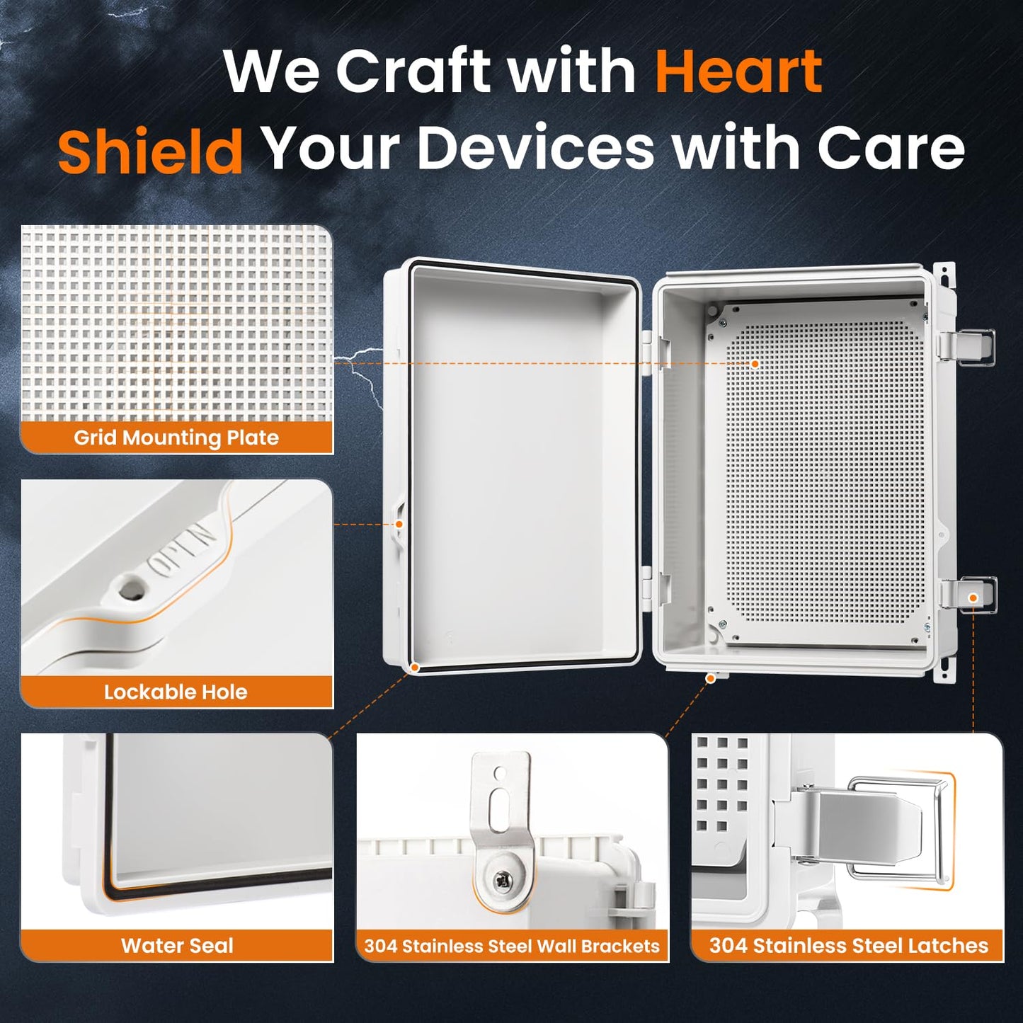 Waterproof Junction Box IP67 Outdoor Plastic Electrical Project Enclosure Weatherproof with Mounting Plate, Wall Brackets, Hinged Grey Cover 16.1"X12.2"X7.1"