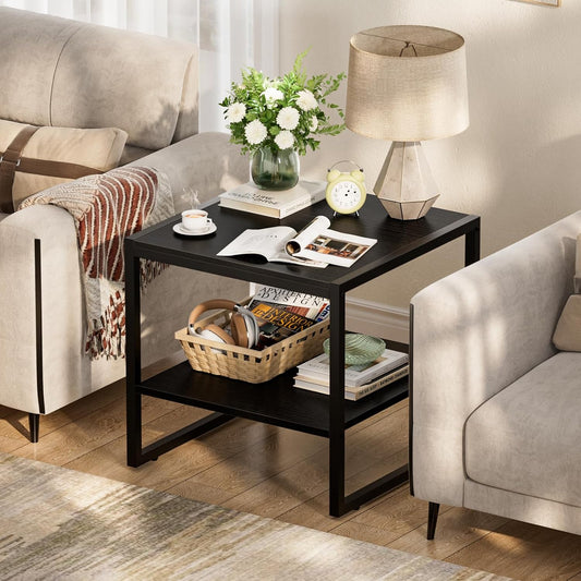 End Table, 20 Inch Square End Table, Mini Fridge Stand with 2-Tier Storage Shelves, Industrial Wood Side Table Small Table Stand for Living Room, Bedroom, Office, Black
