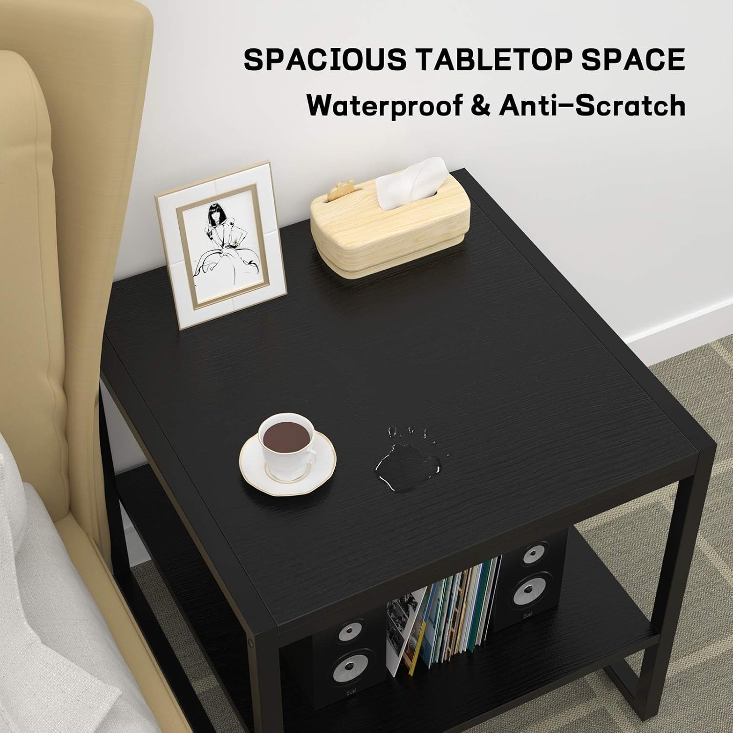 End Table, 20 Inch Square End Table, Mini Fridge Stand with 2-Tier Storage Shelves, Industrial Wood Side Table Small Table Stand for Living Room, Bedroom, Office, Black