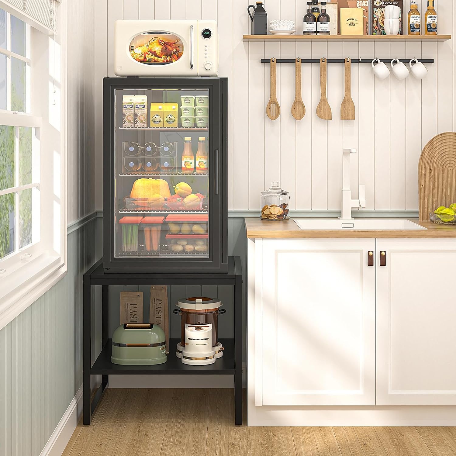 End Table, 20 Inch Square End Table, Mini Fridge Stand with 2-Tier Storage Shelves, Industrial Wood Side Table Small Table Stand for Living Room, Bedroom, Office, Black