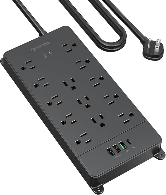 Surge Protector Power Strip, 5Ft Heavy Duty Extension Cord with 32W USB C & QC 3.0 Charger, 4000 Joules, ETL Listed, 13 Wide Spaced Outlets, Flat Plug, Wall Mount for Home Office Supplies, Black