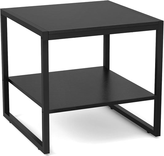 End Table, 20 Inch Square End Table, Mini Fridge Stand with 2-Tier Storage Shelves, Industrial Wood Side Table Small Table Stand for Living Room, Bedroom, Office, Black