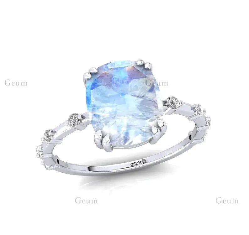 Cushion Cut Rainbow Moonstone Diamond Casual Unisex Wedding Engagement Ring 14k Gold June Birthstone Prong Setting