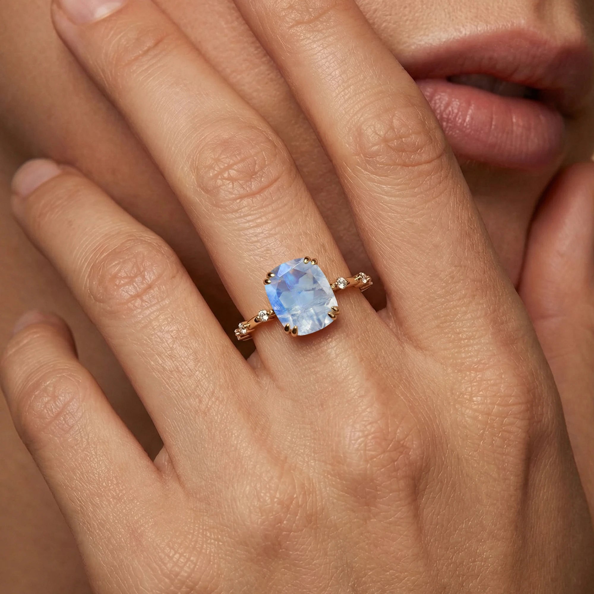 Cushion Cut Rainbow Moonstone Diamond Casual Unisex Wedding Engagement Ring 14k Gold June Birthstone Prong Setting
