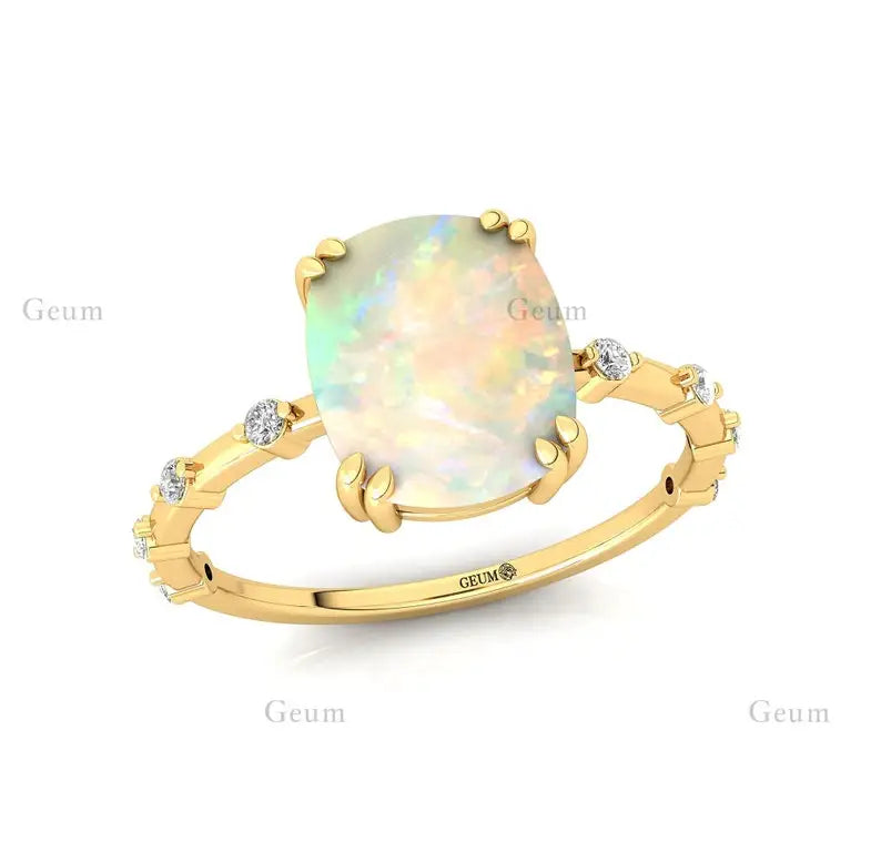 Cushion Cut Rainbow Moonstone Diamond Casual Unisex Wedding Engagement Ring 14k Gold June Birthstone Prong Setting