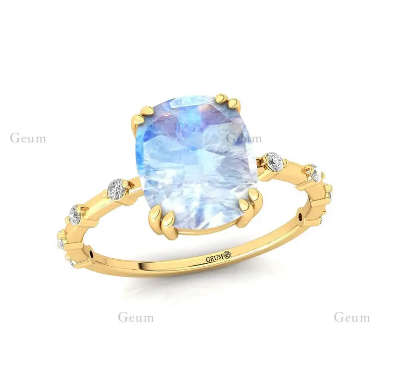 Cushion Cut Rainbow Moonstone Diamond Casual Unisex Wedding Engagement Ring 14k Gold June Birthstone Prong Setting