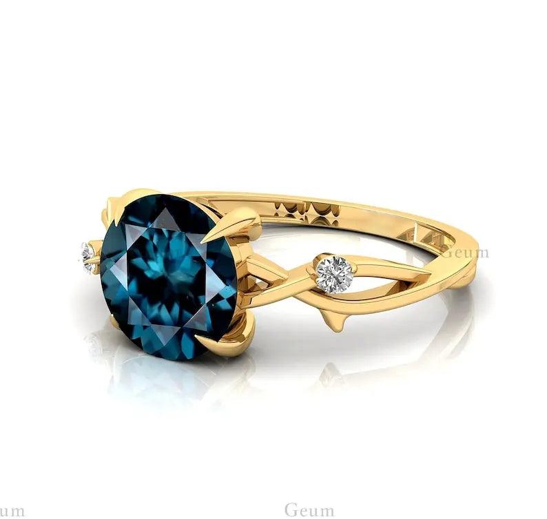 Designer 14K 18k Pure Gold 100% Natural Diamond Wedding Engagement Ring Genuine London Blue Topaz Gemstone Birthstone Gemstone