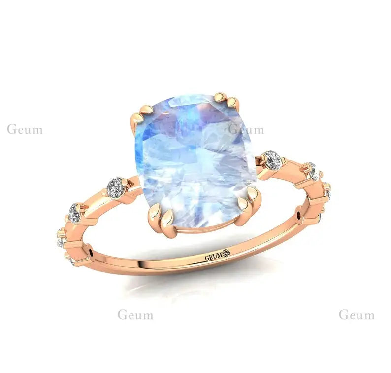 Cushion Cut Rainbow Moonstone Diamond Casual Unisex Wedding Engagement Ring 14k Gold June Birthstone Prong Setting