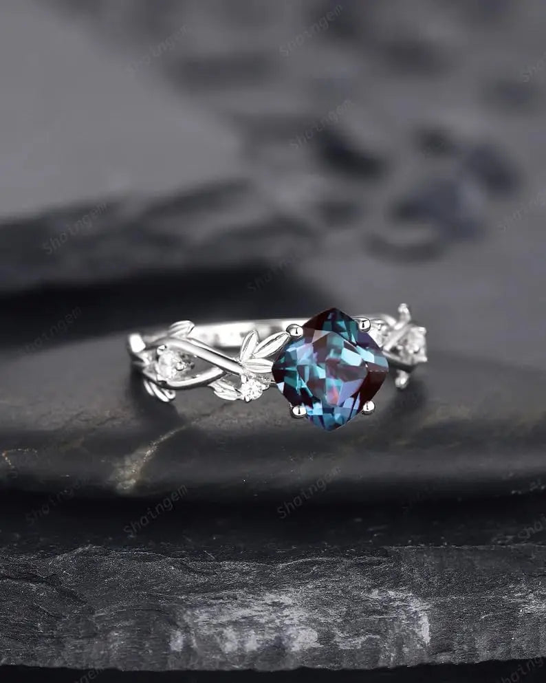 925 Sterling Silver Cushion Cut Alexandrite Engagement Ring Unique Nature Bridal Ring  White Gold Wedding Ring