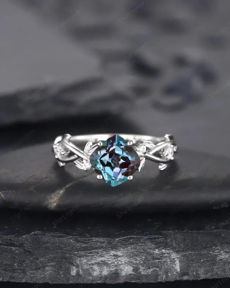 925 Sterling Silver Cushion Cut Alexandrite Engagement Ring Unique Nature Bridal Ring  White Gold Wedding Ring