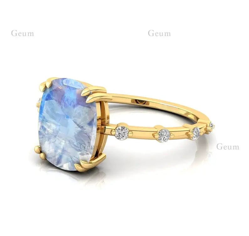 Cushion Cut Rainbow Moonstone Diamond Casual Unisex Wedding Engagement Ring 14k Gold June Birthstone Prong Setting