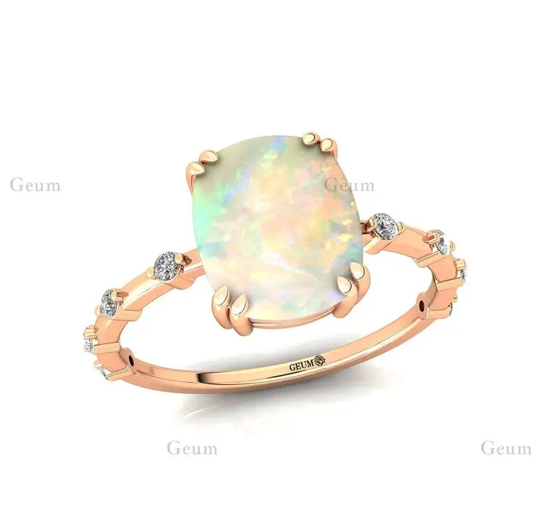Cushion Cut Rainbow Moonstone Diamond Casual Unisex Wedding Engagement Ring 14k Gold June Birthstone Prong Setting