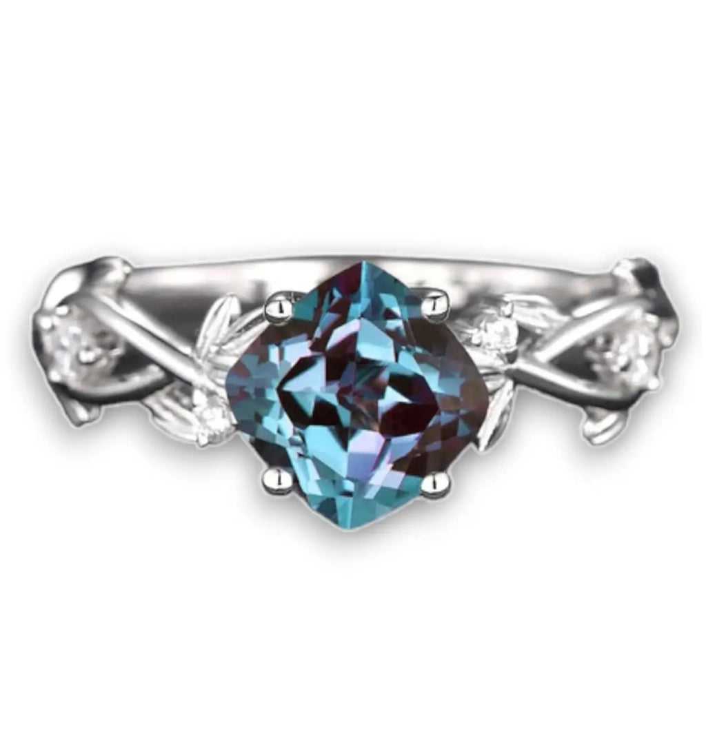 925 Sterling Silver Cushion Cut Alexandrite Engagement Ring Unique Nature Bridal Ring  White Gold Wedding Ring