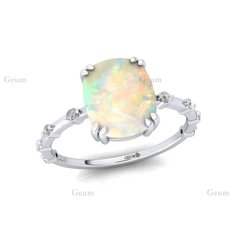 Cushion Cut Rainbow Moonstone Diamond Casual Unisex Wedding Engagement Ring 14k Gold June Birthstone Prong Setting