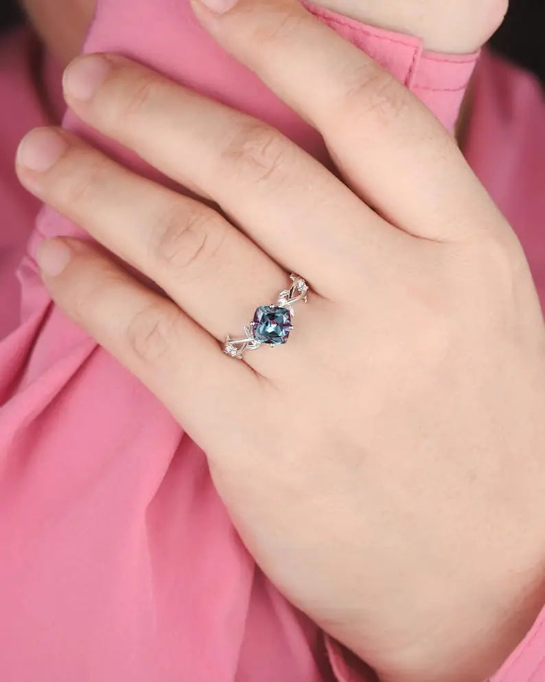 925 Sterling Silver Cushion Cut Alexandrite Engagement Ring Unique Nature Bridal Ring  White Gold Wedding Ring