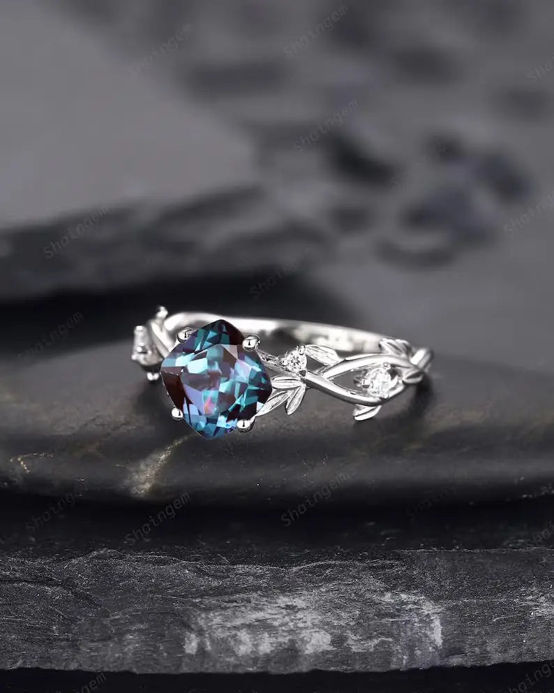 925 Sterling Silver Cushion Cut Alexandrite Engagement Ring Unique Nature Bridal Ring  White Gold Wedding Ring