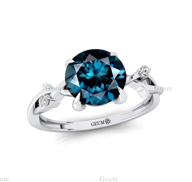 Designer 14K 18k Pure Gold 100% Natural Diamond Wedding Engagement Ring Genuine London Blue Topaz Gemstone Birthstone Gemstone