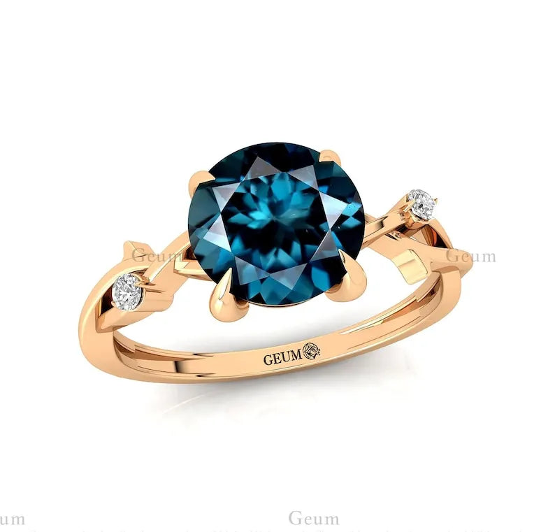 Designer 14K 18k Pure Gold 100% Natural Diamond Wedding Engagement Ring Genuine London Blue Topaz Gemstone Birthstone Gemstone