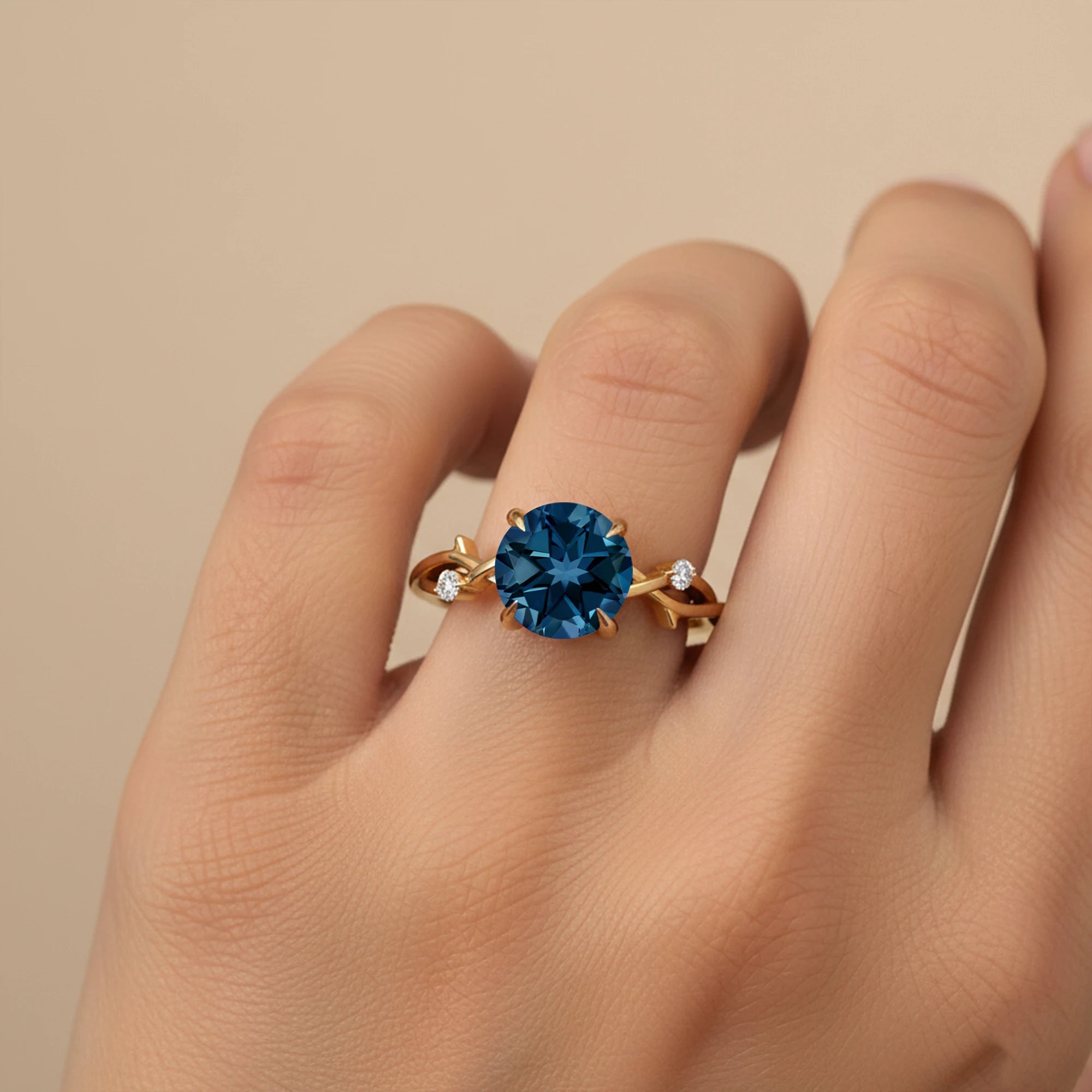 Designer 14K 18k Pure Gold 100% Natural Diamond Wedding Engagement Ring Genuine London Blue Topaz Gemstone Birthstone Gemstone