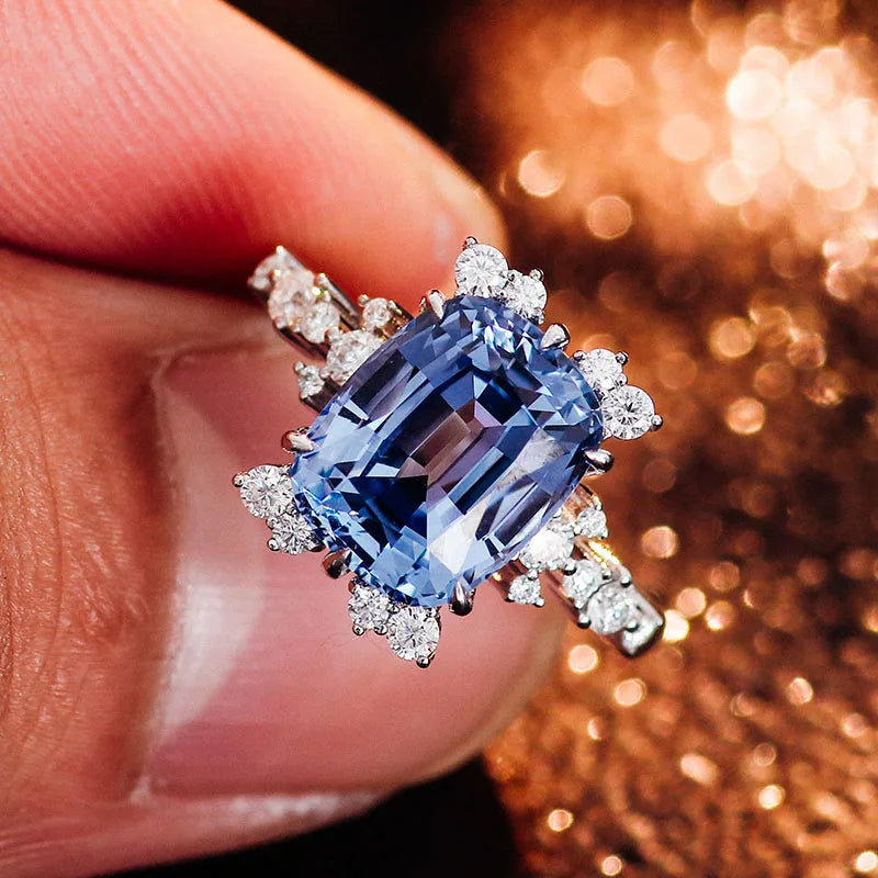 Luxury Custom Solitaire 14K Solid Gold Engagement Ring Lab Grown Sapphire Moissanite Diamond Halo Customizable Lab Gemstone Ring