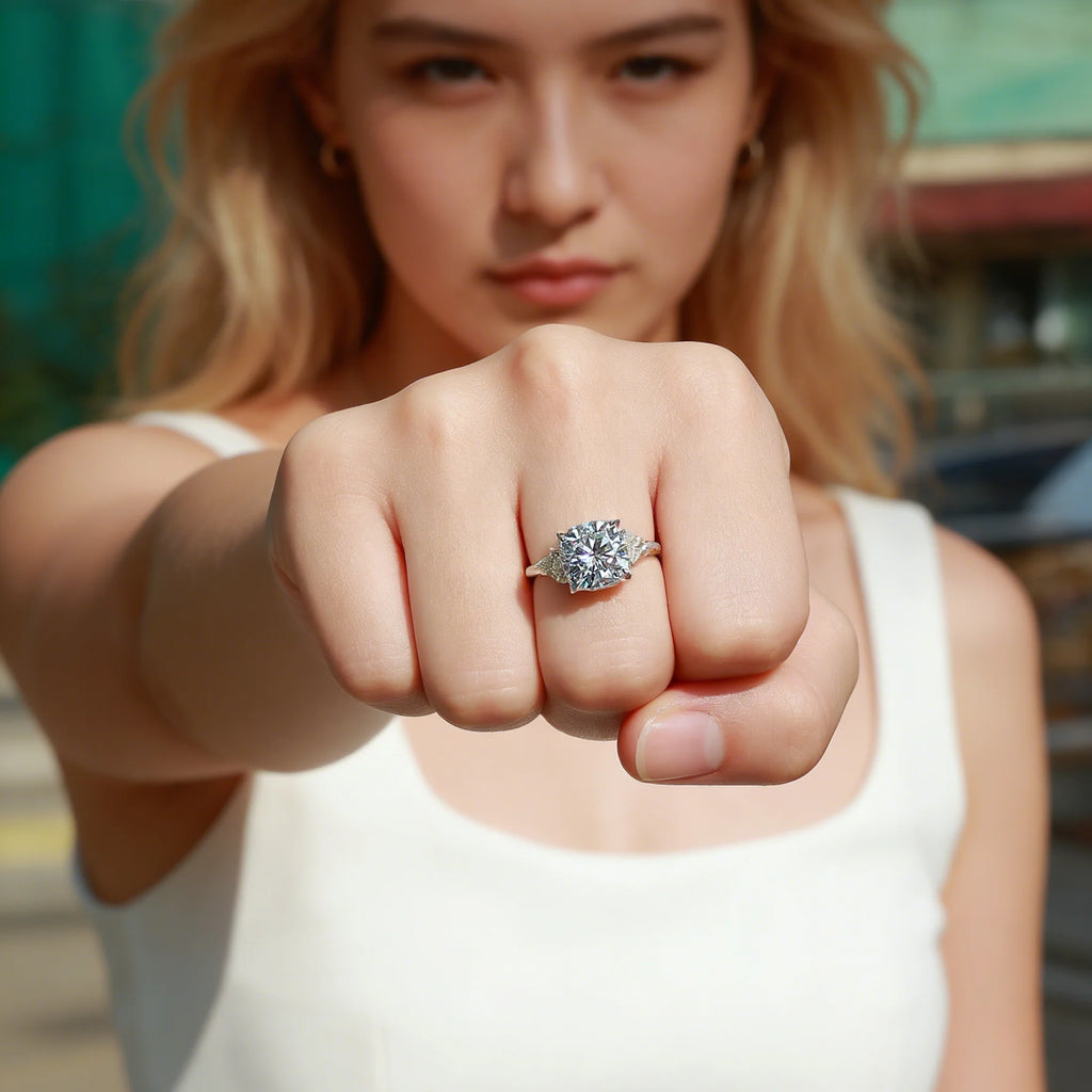 5.4 CTW 3 Stone Round Moissanite Engagement Ring S925 Sterling Silver with Paved Side Stones Fine Jewelry