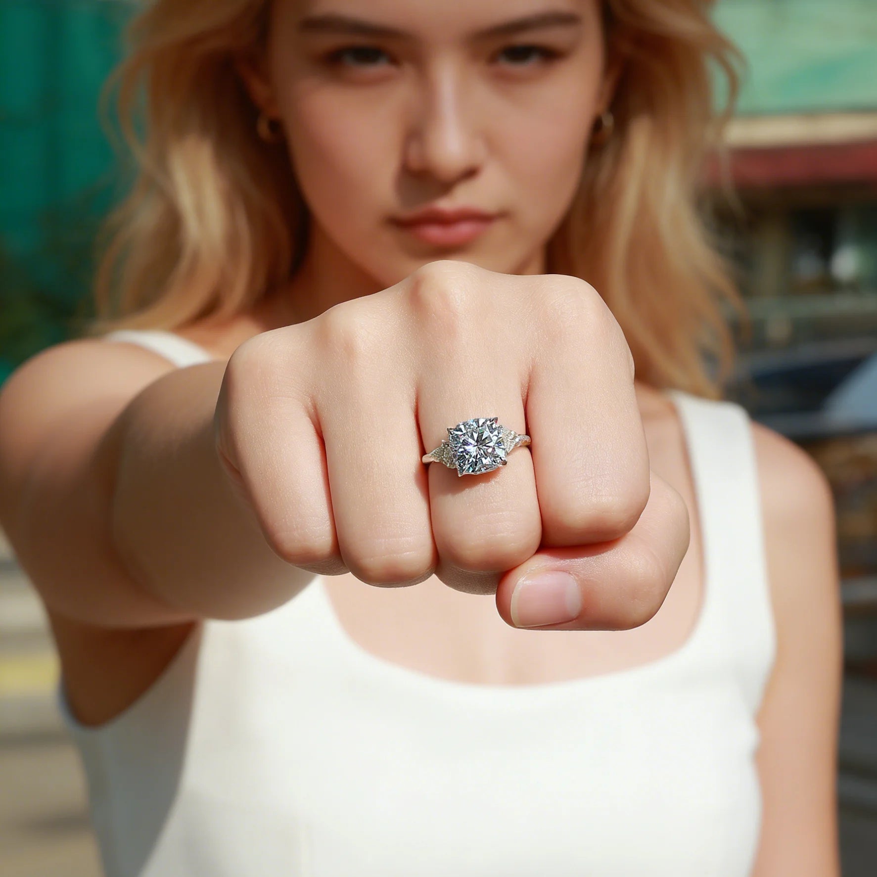 5.4 CTW 3 Stone Round Moissanite Engagement Ring S925 Sterling Silver with Paved Side Stones Fine Jewelry