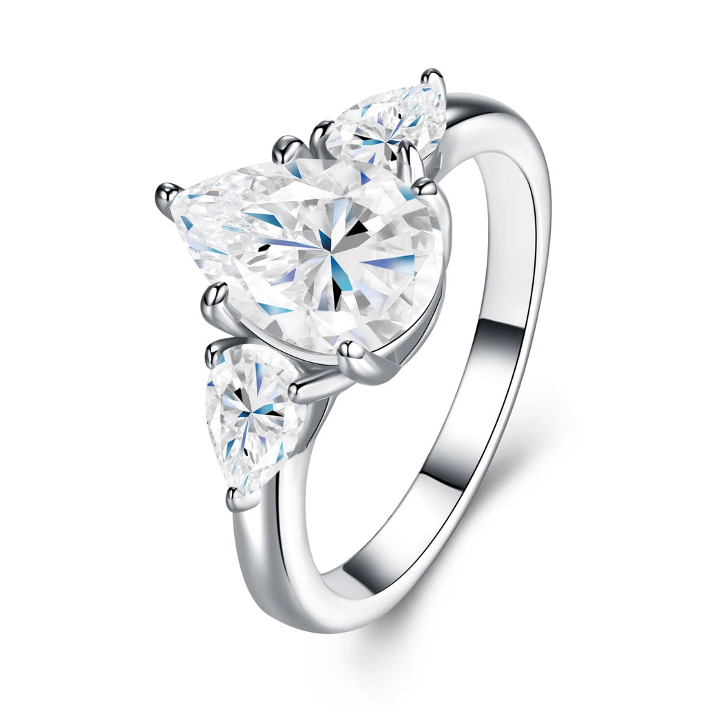 Popular Moissanite Pear Cut Ring Three Stone Engagement Ring 925 Silver Pear Side Stone Bridal Wedding Ring for Women Ring