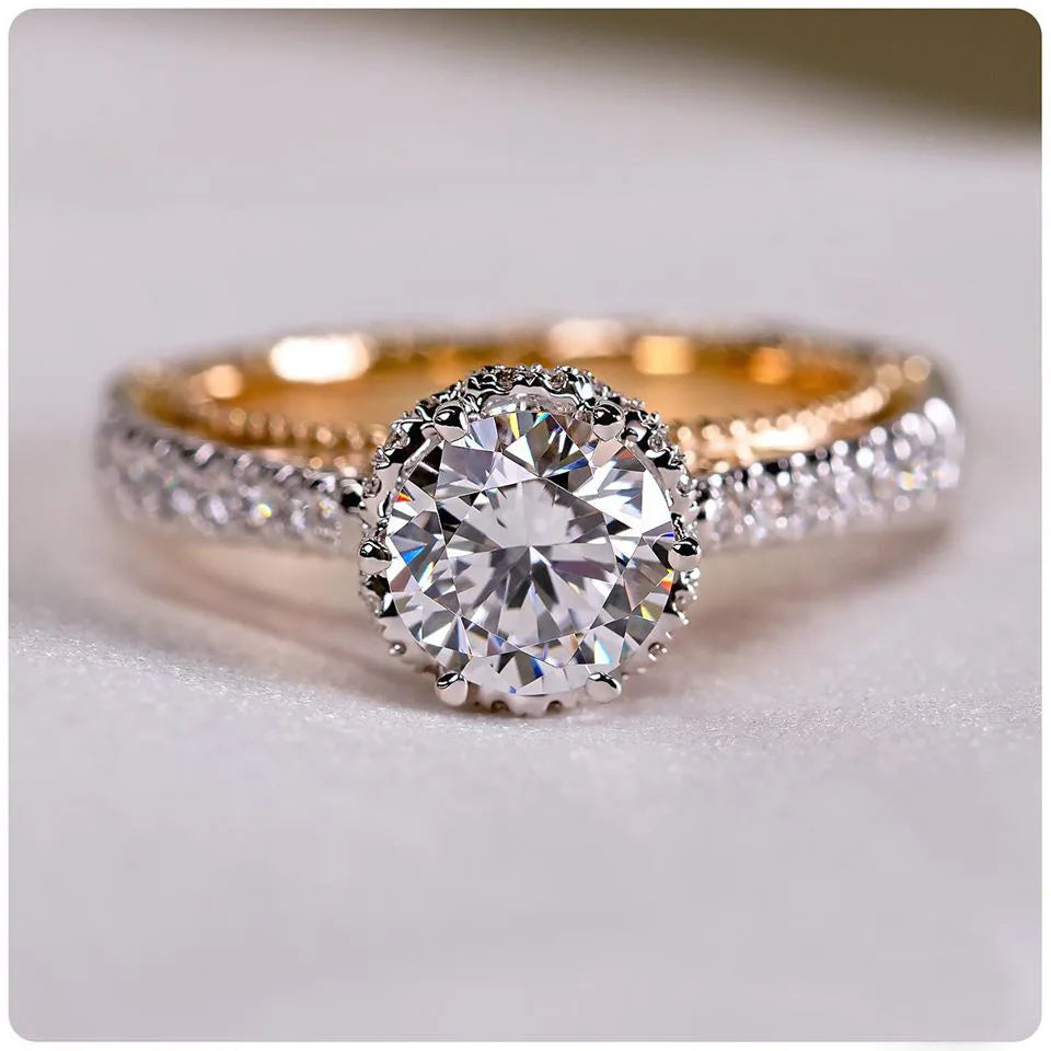 F486 White Gold Diamond Ring Round Brilliant Cut Natural D Color Emerald Side Stone Women's Engagement Ring