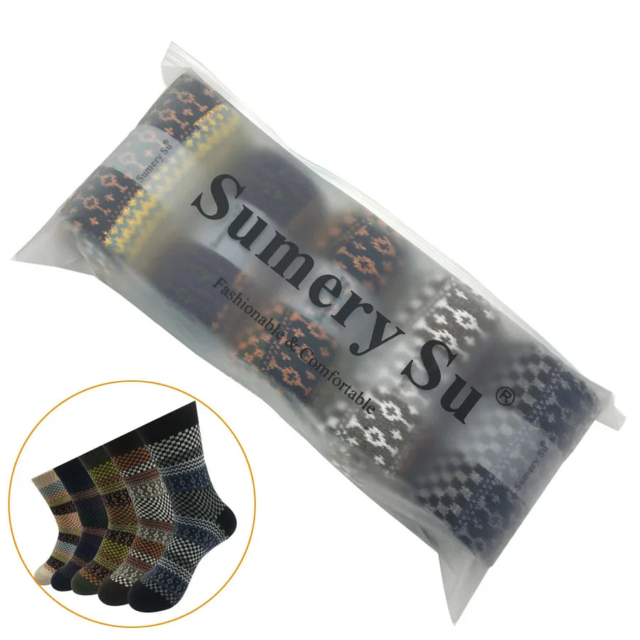 5 Pairs/Lot Wool Socks Men Winter Warm Cashmere Comfortable Long Crew Casual Bohemian Sock Male Gift for Husband Father 4 Styles