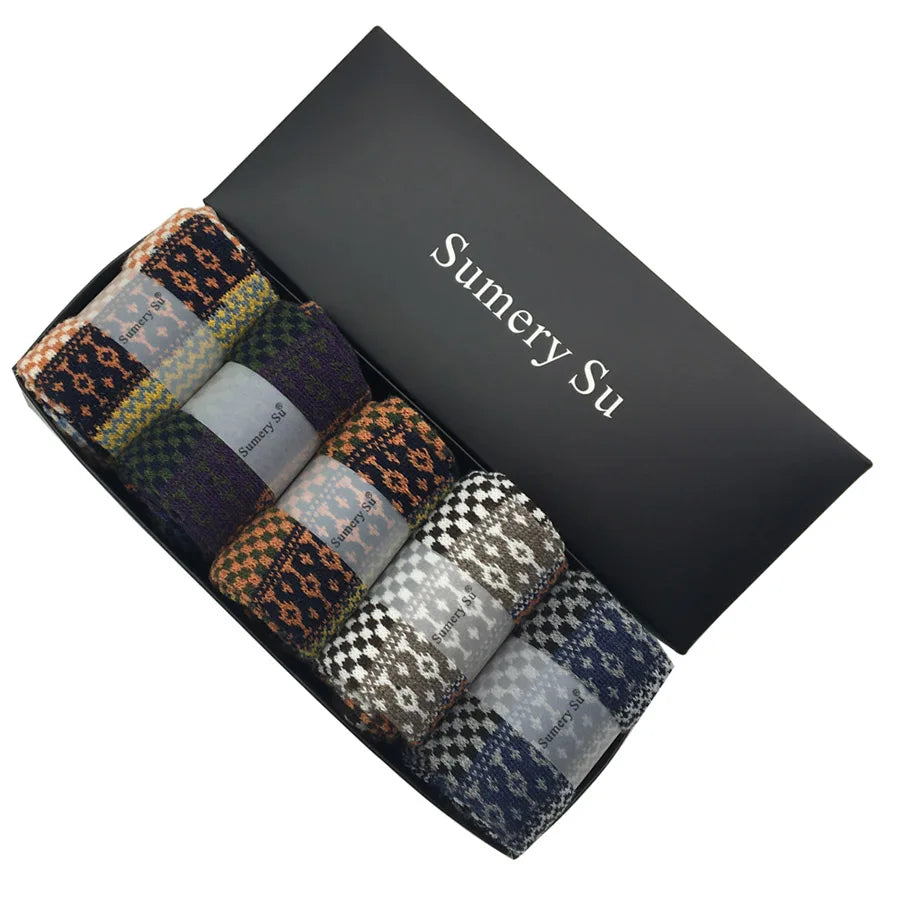 5 Pairs/Lot Wool Socks Men Winter Warm Cashmere Comfortable Long Crew Casual Bohemian Sock Male Gift for Husband Father 4 Styles