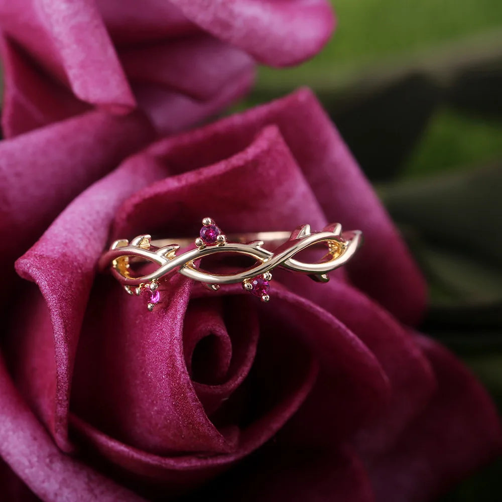 Romantic Rose Red Crystal Engagement Rings Creative Vine Leaves Finger Rings For Women Wedding Bands Ring Gifts Size 5 -10