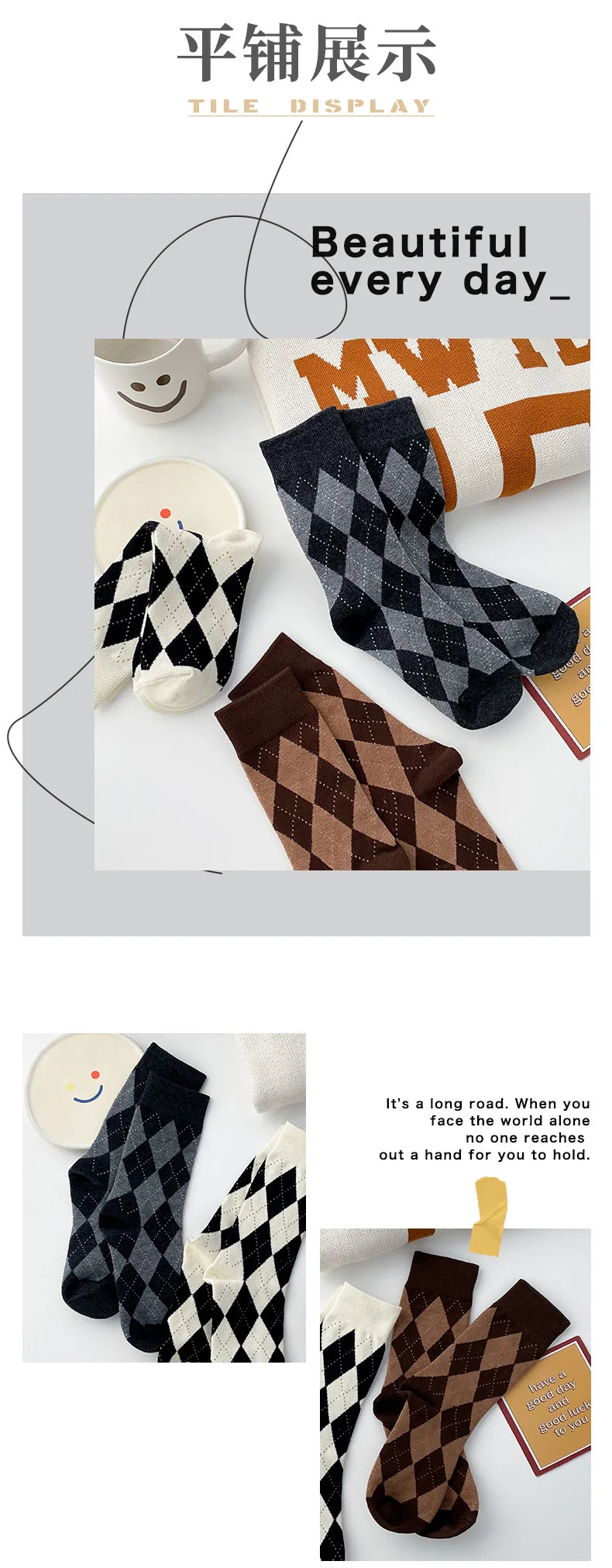 21 Autumn And Winter Models Diamond Grid Socks Girls Fashion Retro Classic Tube Socks Tide Pile Socks