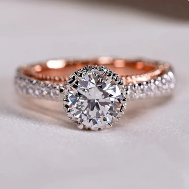 F486 White Gold Diamond Ring Round Brilliant Cut Natural D Color Emerald Side Stone Women's Engagement Ring
