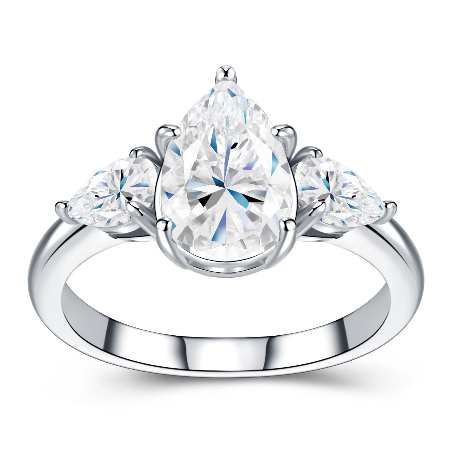 Popular Moissanite Pear Cut Ring Three Stone Engagement Ring 925 Silver Pear Side Stone Bridal Wedding Ring for Women Ring