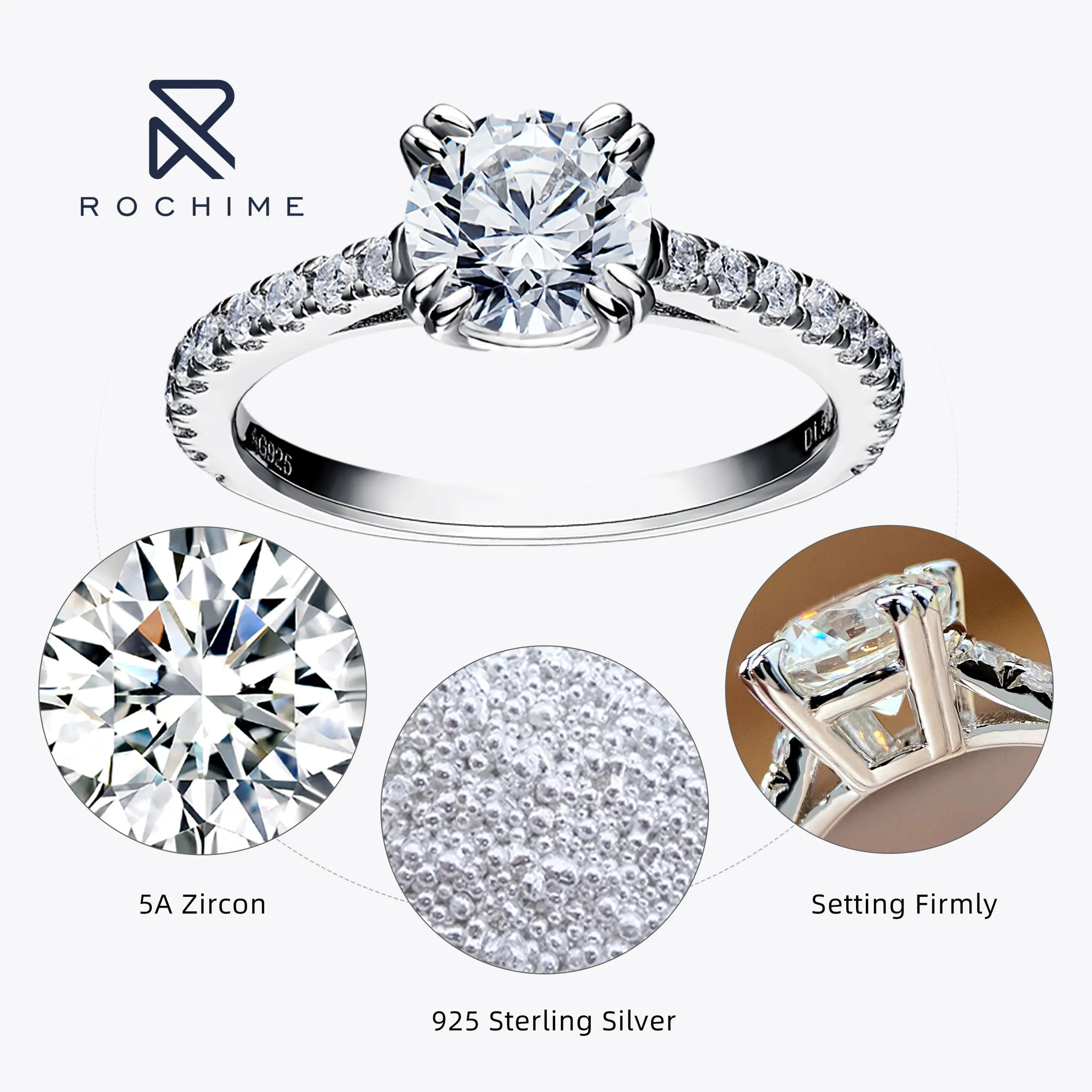 Rochime Brilliant love Engagement Ring S925 Silver Rhodium Plated   Classic  Jewelry for Women