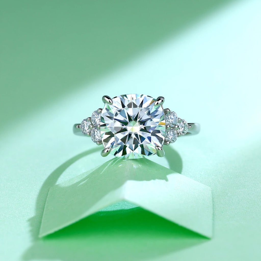 5.4 CTW 3 Stone Round Moissanite Engagement Ring S925 Sterling Silver with Paved Side Stones Fine Jewelry