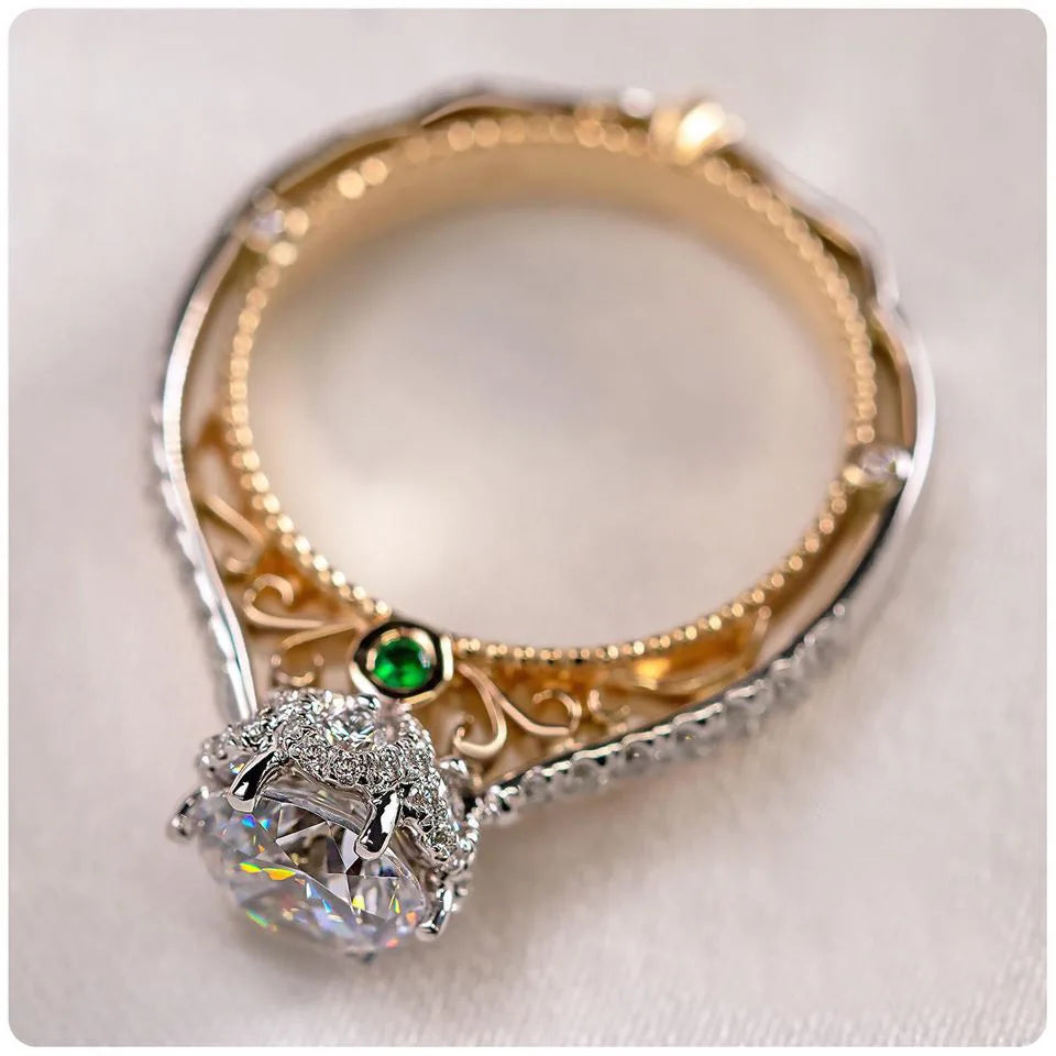 F486 White Gold Diamond Ring Round Brilliant Cut Natural D Color Emerald Side Stone Women's Engagement Ring