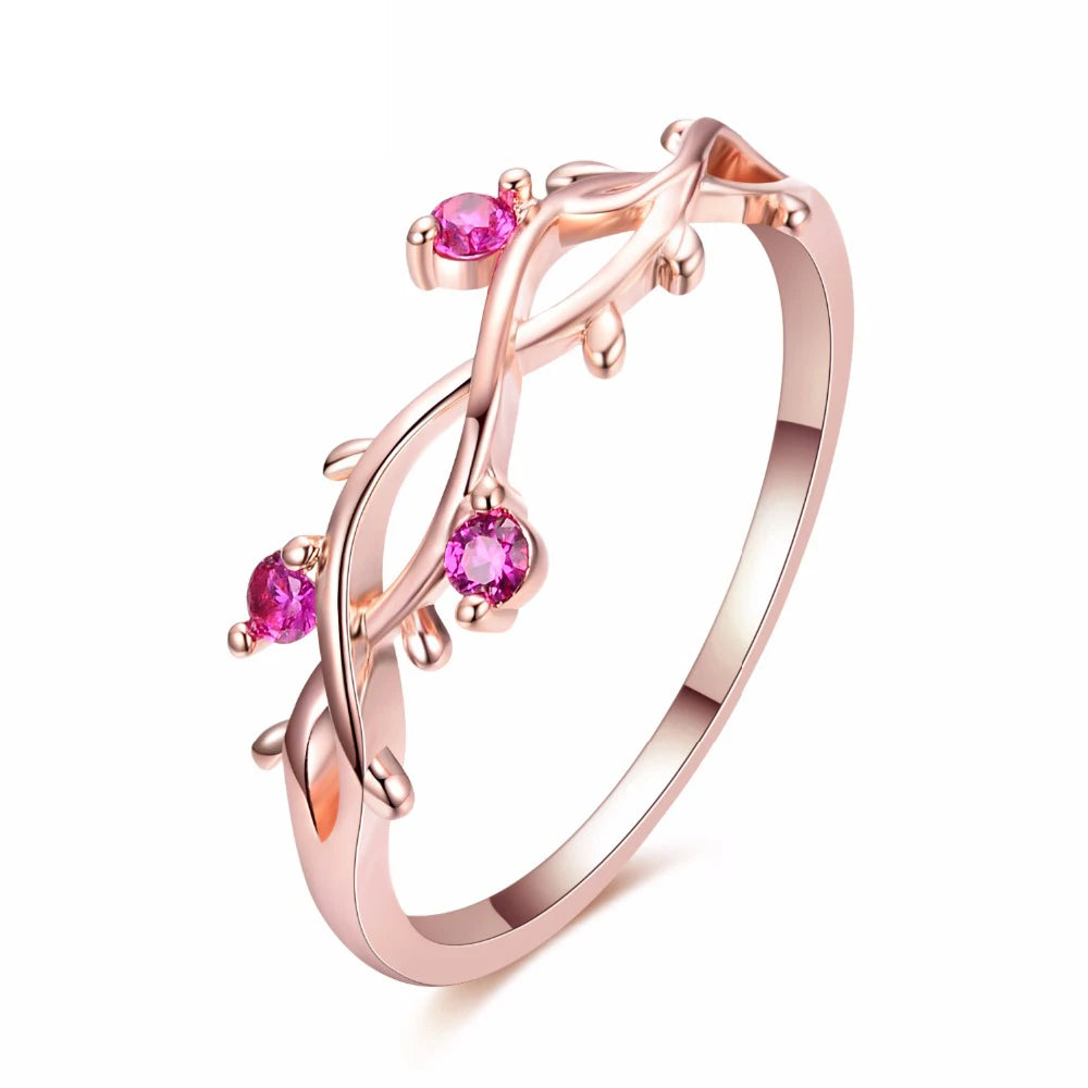 Romantic Rose Red Crystal Engagement Rings Creative Vine Leaves Finger Rings For Women Wedding Bands Ring Gifts Size 5 -10