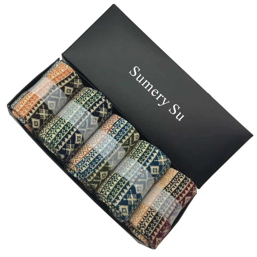 5 Pairs/Lot Wool Socks Men Winter Warm Cashmere Comfortable Long Crew Casual Bohemian Sock Male Gift for Husband Father 4 Styles