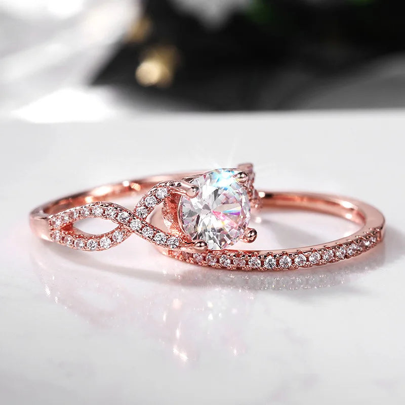 F817 Women's Rose Gold Diamond Engagement Ring Round Brilliant Cut Synthetic Lab Grown Diamond Band With Side Stones