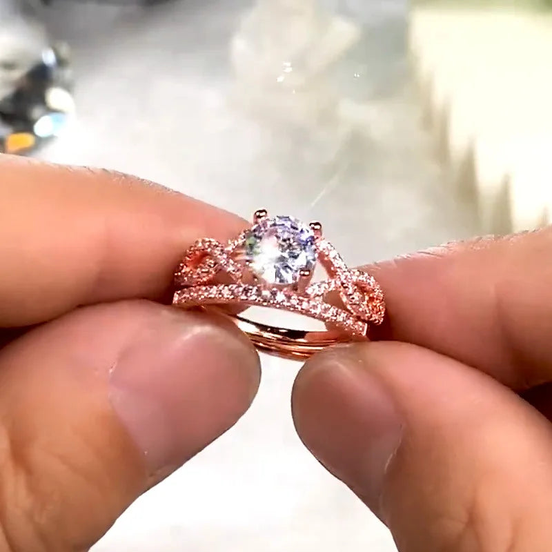 F817 Women's Rose Gold Diamond Engagement Ring Round Brilliant Cut Synthetic Lab Grown Diamond Band With Side Stones