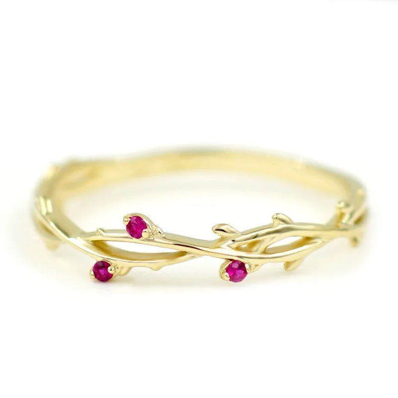 Romantic Rose Red Crystal Engagement Rings Creative Vine Leaves Finger Rings For Women Wedding Bands Ring Gifts Size 5 -10