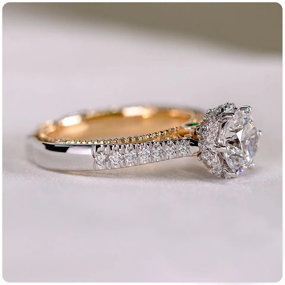 F486 White Gold Diamond Ring Round Brilliant Cut Natural D Color Emerald Side Stone Women's Engagement Ring